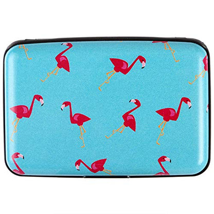 Credit Card Holder Small RFID Blocking Wallet Business Metal Slim Mini Aluminum Hard Case for Women Men - color: Flamingo Blue Background