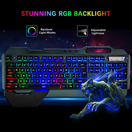 Wireless Gaming Keyboard Mouse & Mouse Pad Combo,3 in 1 Rainbow Backlit Rechargeable Keyboard with 3800mAh Battery Metal Panel Removable Hand Rest,RGB Gaming Mouse Pad(32.5x12 inch),Mute Gaming Mice - color: Rainbow