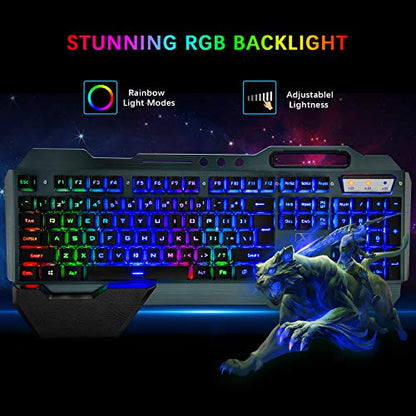Wireless Gaming Keyboard Mouse & Mouse Pad Combo,3 in 1 Rainbow Backlit Rechargeable Keyboard with 3800mAh Battery Metal Panel Removable Hand Rest,RGB Gaming Mouse Pad(32.5x12 inch),Mute Gaming Mice - color: Rainbow