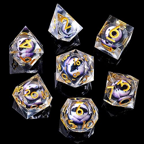 Beholder'S Eye DND Dice- Dragon Eye Liquid Core Sharp Edge Handmade Dice Set for Dungeons and Dragons Ttrpg, Multi-Sided RPG Polyhedral Resin Roleplaying（Clear Purple White Dragon Eyes） - color: Dragon Eye-clear Purple White