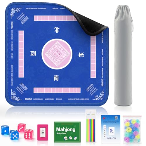 2F22E American Mahjong Mat Set, 32.4”x32.4” Non-Slip Waterproof Mahjong Table Mat with Storage Bag, Dice, Wind Marker, Rules Cards & Scoring Chips, Noise Reducing Travel Mahjong Accessories - color: Mjd-02-blue
