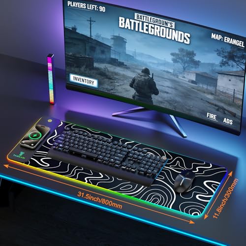 TARKARI Magnetic Wireless Charging RGB Mouse Pad, Large Gaming Desk Mat Waterproof, 31.5"x11.8" Black Mousepad, Ultra-Smooth Surface, Non-Slip Rubber Base, Desk Pad for Keyboard Laptop - color: Topographic Pattern