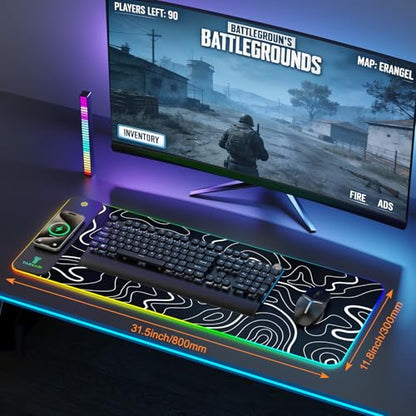 TARKARI Magnetic Wireless Charging RGB Mouse Pad, Large Gaming Desk Mat Waterproof, 31.5"x11.8" Black Mousepad, Ultra-Smooth Surface, Non-Slip Rubber Base, Desk Pad for Keyboard Laptop - color: Topographic Pattern