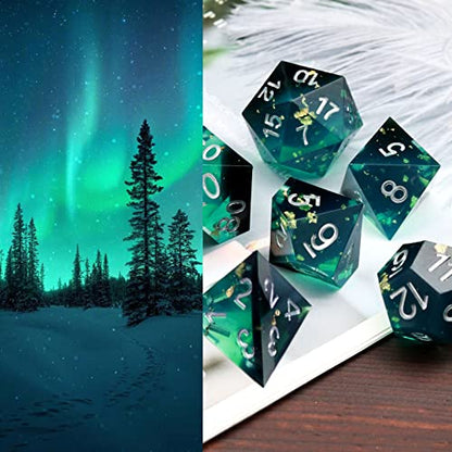 Haxtec Sharp Edge DND Dice Set, Gold Flakes Resin Polyhedral RPG Dice | Blue Black D&D for Table Games, Compatible with Dungeons and Dragons, Handmade 7-Die with Metal Case, MTG Gifts, War Series - color: Blue Black