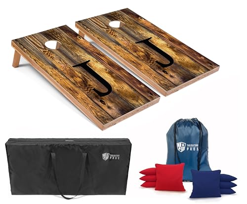 Tailgating Pros Monogrammed Honey Cornhole Boards w/Ring Lights - 4'x2' Lightweight Cornhole Game- Includes LED Rings, Carrying Case, Set of 8 Corn Hole Bags & Tote - color: J