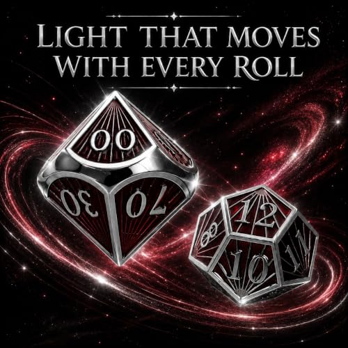 Radiant Array Metal DND Dice Set, 7-Piece Black Red Dice | Solid zinc alloy dice with weighty feel, raised numbers, black red enamel design, and a collector box for RPG play. - color: Black