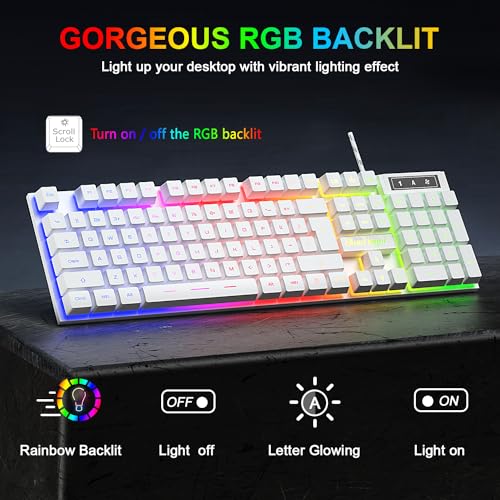 BlueFinger RGB Gaming Keyboard and Backlit Mouse Combo, USB Wired, LED Gaming Set for Laptop PC Computer Game and Work(White) - color: White