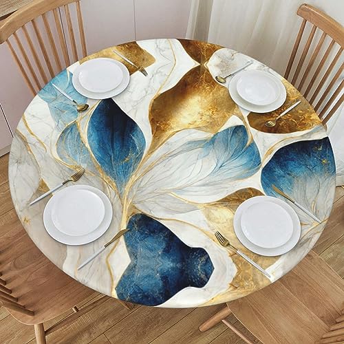 Delerain Blue Gold Marble Round Fitted Tablecloth, Waterproof Round Table Cloth with Elastic Edged Washable Table Cover for Indoor Outdoor Fits 45"-50" Tables, Medium - color: Blue Gold Marble, size: 50" (Round)