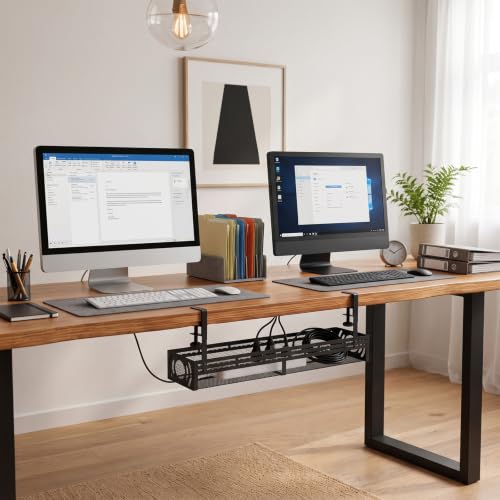 Under Desk Cable Management Tray, 15-25in Retractable Metal Cord Organizer Rack, No Drill Desk Tray with Clamp, Anti-Slip Pads Cable Tray for Home, Office, Gaming, Standing Desks