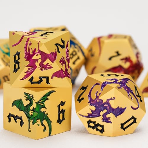 Sharp Edge Metallic DND Dragon Dice Set,Metal Polyhedral Dice with Dragon for Dungeons and Dragons RPG TTRPG D&D 7-Die Set with Gift Case Pearl Gold Seven Colors - color: Dragon-pearl Gold Seven Colors
