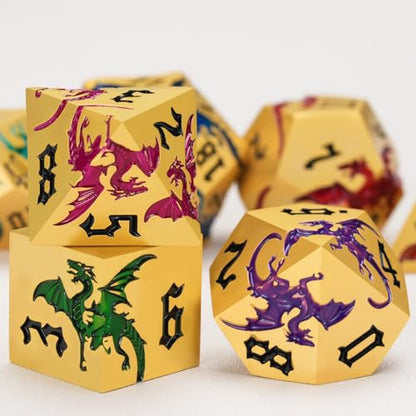 Sharp Edge Metallic DND Dragon Dice Set,Metal Polyhedral Dice with Dragon for Dungeons and Dragons RPG TTRPG D&D 7-Die Set with Gift Case Pearl Gold Seven Colors - color: Dragon-pearl Gold Seven Colors
