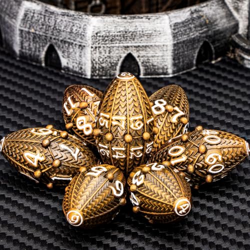 ARUOHHA DND Metal Dice Antique Gold Dragon Egg Dice with Metal Box, Role Playing Game RPG Polyhedral D and D Dice Set D20 D12 D10 D8 D6 D4 - color: Ancient Gold-02