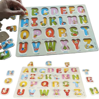 Alphabet Puzzle Wooden for Toddlers 3+ Years Old - Montessori ABC Learning Toy with Letter Blocks & Wooden Board - Preschool Educational Toy for Boys & Girls - Early Literacy & Fine Motor Skills - style: Alphabet