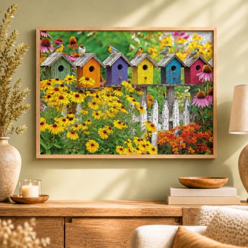 Cross & Glory | 1000 Piece Jigsaw Puzzles for Adults | A Fence Full of Song | Colorful Birdhouses, Garden Flowers & Butterflies | Bright Nature Puzzle | 2mm Thick Pieces | Satin Finish | Ages 14+ - color: A Fence Full of Song