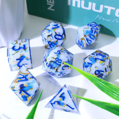 XENOLUX Polyhedral Resin DND Dice Set - Marble Effect with Gold Holographic Foil, Hand-Polished RPG Dice in Tin Box for Dungeons and Dragons (L21) - color: L21