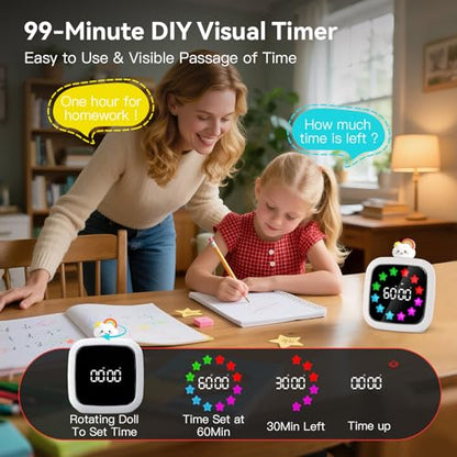 Yunbaoit Digital Visual Timer for Kids, Rechargeable 99-Minute Silent Countdown Timer with 19 Ringtones, 9 Optional DIY Color Star Display, Time Management Tool with Pause Function (Rainbow) - style: Rainbow Doll