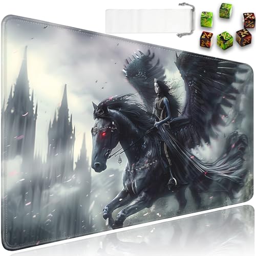 for MTG Playmat + Drawstring Travel Pouch + 6 Dice Counter, for Tabletop Trading Card Game Playmats or Mouse Pad, Anti-Slip Rubber 24 x 14 in, Black Horses of Darkness for TCG Playmat (No with Zone) - color: JV-Playmat-6-1-E134
