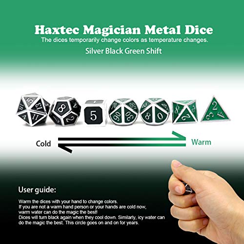 Haxtec Color Changing Metal DND Dice Set Silver Black Green Color Shifting D&D Dice with Leather Dice Bag Compatible with Dungeons and Dragons TTRPG DND Gift - color: Silver Black Green