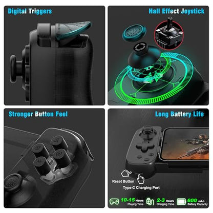 Joso Wireless Phone Controller for iPhone/Android, Mobile Game Controller with Hall Joystick Suitable for Xbox Cloud Gaming, PS Remote Play, Steam Link, Call of Duty & More - Black - color: Black | D6