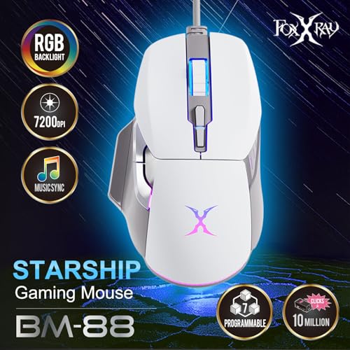 FOXXRAY BM-88 RGB Gaming Mouse, 7200 DPI, Musicsync Backlit, Wired Optical Mouse with 7 Programmable Buttons, 13 Lighting Effects, Braided Cable, Gaming Mouse for PC/Laptop - White
