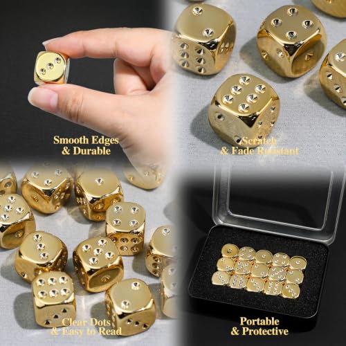 15 Pieces 16mm Electroplated Gold-Color 6 Sided Dice Set with Metal Box, 1-6 Number Dots D6 Dice for RPG D&D MTG Tabletop Board Games, Classroom Teaching or Math Learning