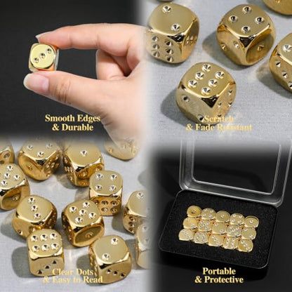 15 Pieces 16mm Electroplated Gold-Color 6 Sided Dice Set with Metal Box, 1-6 Number Dots D6 Dice for RPG D&D MTG Tabletop Board Games, Classroom Teaching or Math Learning
