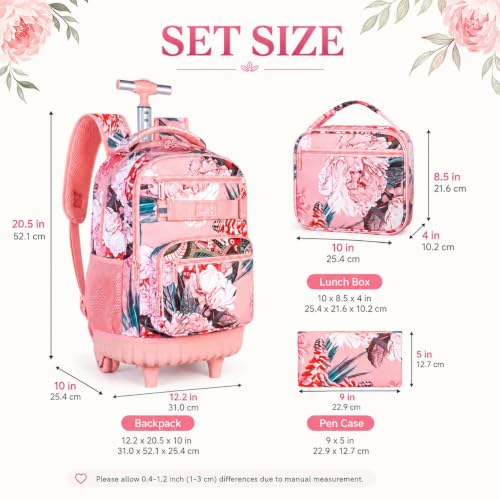 3Pcs Rolling Backpack for Girls Women, Travel Roller Backpacks with Wheels for Adults, Teens College Folwer Wheeled Bookbag with Lunch Box(Pink) - color: Flower Pink