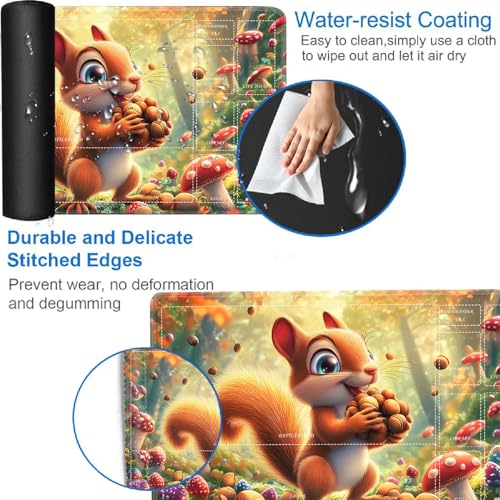 for MTG/TCG Playmat with Zones, 24 x 14 inches Trading Card Playmat with A Storage Bag and 6 Dice, Non-Lip Rubber Bottom Game Desk Mat, Squirrel and Nuts in The Forest - color: Yux-playmats-2-3A-257