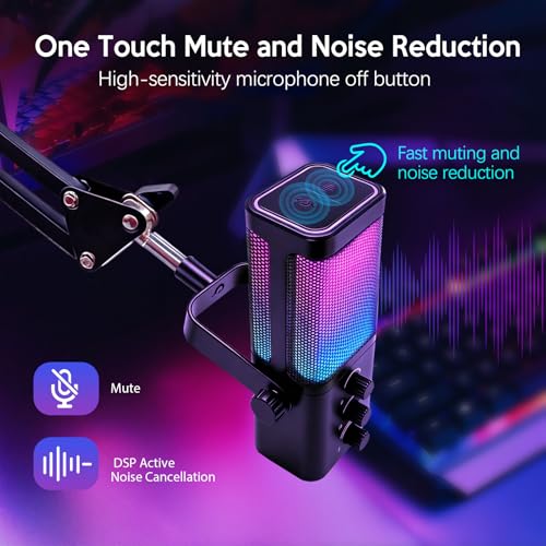 VCOM USB Microphone for PC,Condenser Dynamic Boom Arm Mic for Podcasting,Streaming, with Monitoring Headphone 3.5mm Jack,Quick Mute,RGB Indicator,Shock Mount,Rotate gain Button,Black