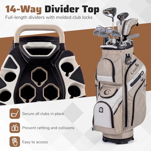 Goplus Lightweight Golf Cart Bag, Molded Lock Top Golf Club Bag w/14-Way Full Length Organizer Dividers, 11 Pockets, Cooler Bag, Straps, Umbrella Holder & Rain Hood for Men Women - color: Khaki+White
