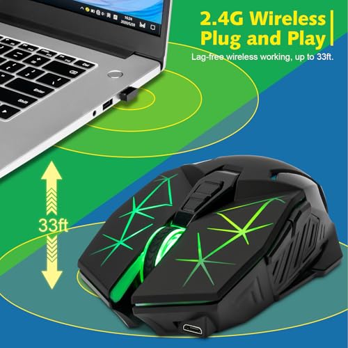Rechargeable Wireless Gaming Mouse with Light Up, 3200 DPI for PC Computer | 7 Buttons, 4 Levels of DPI, Dynamic RGB LED, Side Buttons, 2.4G Wireless, Long Charging Wire Mouse for Laptop Desktop Win Mac