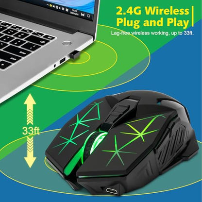 Rechargeable Wireless Gaming Mouse with Light Up, 3200 DPI for PC Computer | 7 Buttons, 4 Levels of DPI, Dynamic RGB LED, Side Buttons, 2.4G Wireless, Long Charging Wire Mouse for Laptop Desktop Win Mac
