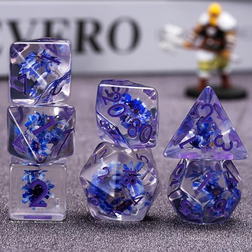 D&D Flower Resin Dice Set, Polyhedral DND D and D Dice Inclusion Dice for Dungeons and Dragons MTG RPG for Ages 15 and Up-Purple - color: Flower-purple