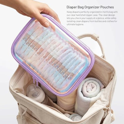 Clear Hard Shell Organizer Cases, 2 Pack | Iridescent PET shell with water-resistant, scratch-resistant surface for travel, toiletries, electronics and daily essentials - color: Purple2