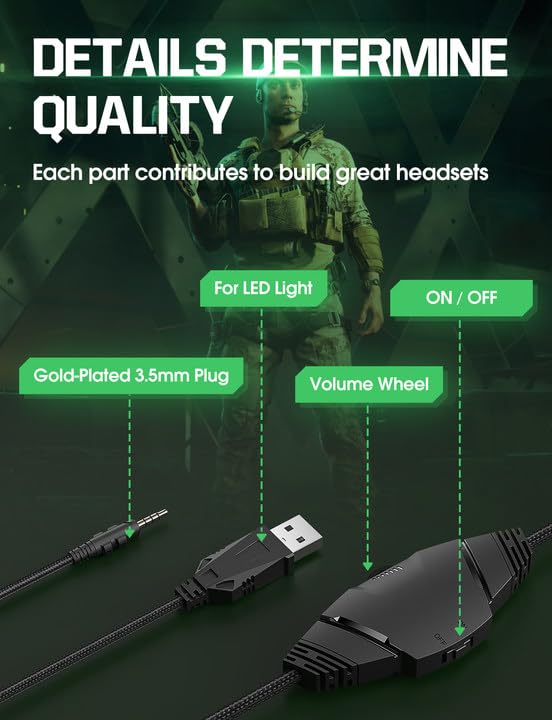 Nanddi Gaming Headset with Microphone, Gaming Headphones for PS4 PS5 Xbox One PC with LED Lights, PlayStation Headset with Noise Reduction 7.1 Surround Sound Over-Ear and Wired 3.5mm Jack (Green) - color: Camo Green