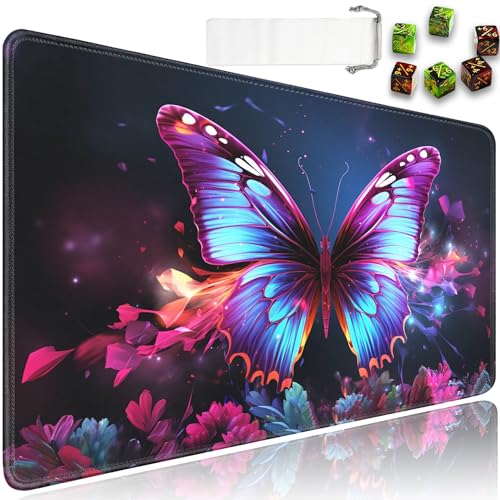for MTG Playmat + Drawstring Travel Pouch + 6 Dice Counter, for Trading Card Game Playmats or Mouse Pad, Anti-Slip Rubber 24 x 14 in, Colorful Butterflies for TCG Playmat (No with Zone) - color: JV-Playmat-5-1-A16