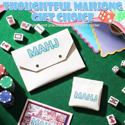 2 Pcs Leather Mahjong Card Bag Clutch Pouch Holder with PU Squeeze Dice Bag Mahjong Accessories Protector Cover Case for MAHJ Lover Playing Game Night(White) - color: White
