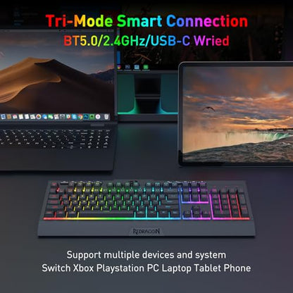 Redragon K525 PRO RGB 3-Mode Wireless Membrane Gaming Keyboard with Multimedia Keys, Linear Mechanical-Feel Switch, 4 Extra On-Board Macro Keys, Dedicated Media Control, Ergonomic Wrist Rest - color: Black, size: 104 Keys Lite Wireless