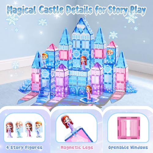 GobiDex 100PCS Magnetic Tiles Princess Castle Building Set with 4 Dolls | Princess Magnetic Blocks Building Toys for Kids Ages 4-8, Colorful Magnetic STEM Toys, 3 4 5 6 Year Old Girl Birthday Gifts