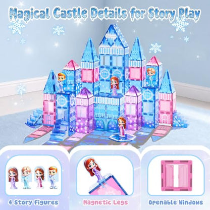 GobiDex 100PCS Magnetic Tiles Princess Castle Building Set with 4 Dolls | Princess Magnetic Blocks Building Toys for Kids Ages 4-8, Colorful Magnetic STEM Toys, 3 4 5 6 Year Old Girl Birthday Gifts