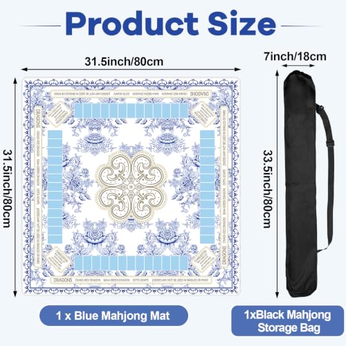 party greeting Chinoiserie Mahjong Mat with Black Carrying Bag 31.5 x 31.5 Inches Multi Purpose Game Table Cover Anti Slip and Noise Reduction for Mahjong Poker Board Card Dominoes Games(Blue) - color: Blue