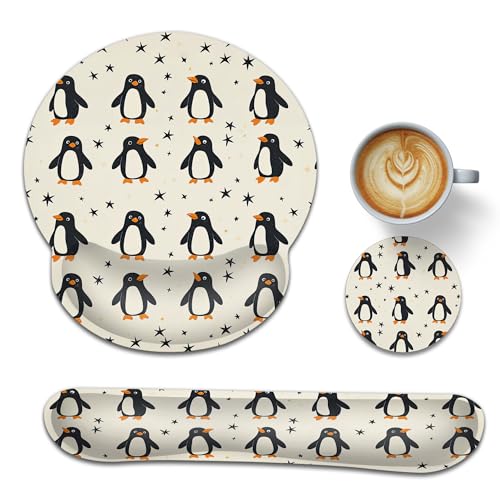 Funny Penguin Wrist Rest Mouse Pad and Keyboard Support Set,Cute 3 in 1 Ergonomic Memory Foam Mousepad with Non Slip Base, Gaming Mouse Pad for Office and Home - color: Funny Penguin Cute