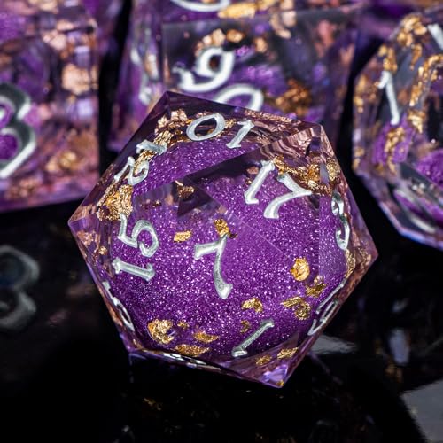 ARUOHHA Liquid Core DND Dice Set, 7pcs Resin Sharp Edged Dragons Dice RPG Role Playing Games, Silver Numbers Purple Dungeons Polyhedral Dice with Gift Box D20 D12 D10 D8 D6 D4 - color: Silver Purple
