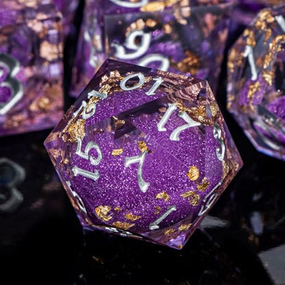 ARUOHHA Liquid Core DND Dice Set, 7pcs Resin Sharp Edged Dragons Dice RPG Role Playing Games, Silver Numbers Purple Dungeons Polyhedral Dice with Gift Box D20 D12 D10 D8 D6 D4 - color: Silver Purple
