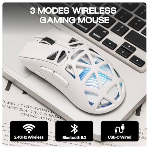 MechLands Aula SC620 Gaming Mouse, 2.4G/USB-C/BT Wireless Mouse with 400mAh Battery, Adjustable 12,000 DPI & 1000 Polling Rate, PAW3311 Sensor, RGB Lighting, Programmable Buttons, for Win/Mac (White) - color: White