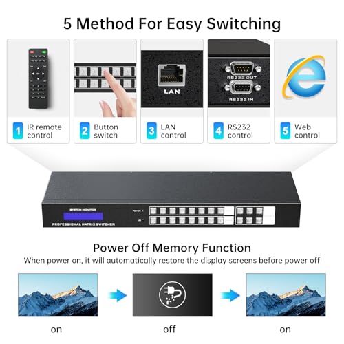 1U Rackmount 8x8 HDMI Matrix Switch - 4K@30Hz with Downscale, 3.5mm Audio De-embedding, RS232 & LAN Control, EDID & HDCP Support, Web GUI, IR Remote - size: 8 in 8 out