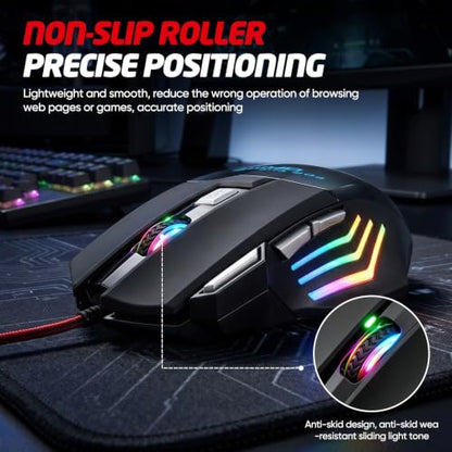 Guiheng Wired Gaming Mouse, 7-Color Optical USB Mice for Laptop/Desktop, 1200 to 3600 and RGB Light, Ergonomic with 7 Programmable Buttons for Computer Windows 7/8/10/XP Vista Linux Chromebook PC