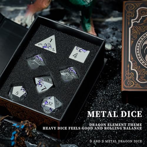 Metal Dice Set,7-Piece Dragon Dice for DND and RPGs,Silver Purple | Heavy zinc alloy polyhedral dragon dice with easy-to-read numbers and a magnetic gift box for fantasy tabletop RPG games. - color: Matte Silver With Purple