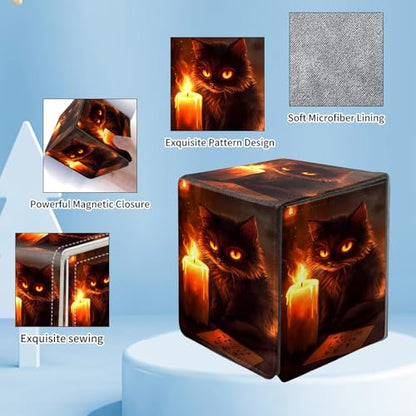 Card Deck Box for MTG Commander,Collectible Trading Storage Box Fits 120+ Single Sleeved Cards Magnetic Case PU Leather for Magic Commander TCG CCG MTG,Candle Cat Fire - color: Candle Cat Fire