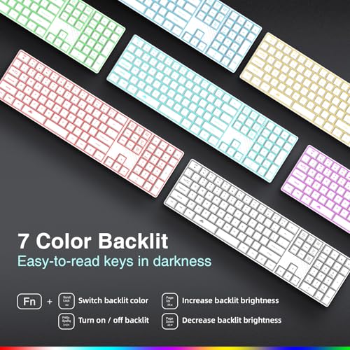 POWZAN Wireless Backlit Keyboard Quiet - Computer Rechargeable Ergonomic Light UP Keyboard, Silent Keys Full Size Compatible for Windows, Desktop, Laptop, PC, Gaming, PS5 - White - color: White